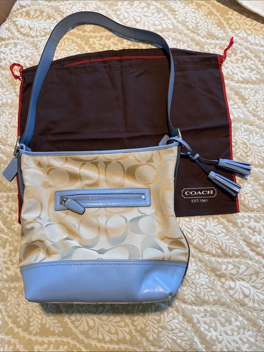 Coach Canvas Shoulder Bag in Cream and Light Blue